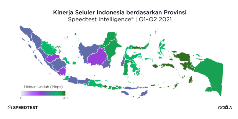 Peta persebaran median kecepatan download dan upload di Indonesia.