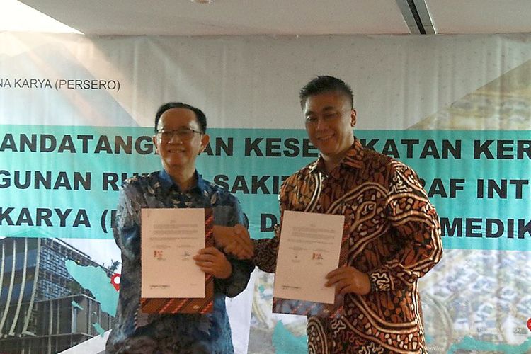 Penandatanganan kesepakatan pembangunan rumah sakit Hermina di kawasan Ibu Kota Nusantara antara PT Medikaloka Hermina dengan PT Bina Karya, di Jakarta, Selasa (20/6/2023).