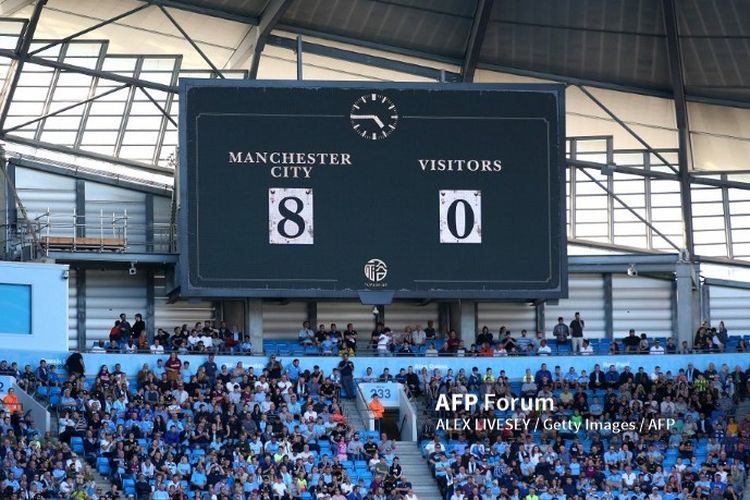 MANCHESTER, ENGLAND - SEPTEMBER 21: The scoreboard shows the 8-0 scoreline after the Premier League match between Manchester City and Watford FC at Etihad Stadium on September 21, 2019 in Manchester, United Kingdom. (Photo by Alex Livesey/Getty Images)
ALEX LIVESEY / GETTY IMAGES EUROPE / Getty Images/AFP