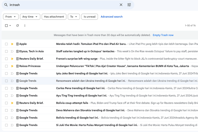Ilustrasi cara mengatasi penyimpanan Gmail penuh padahal sudah dihapus dengan menghapus e-mail di folder Trash secara permanen.