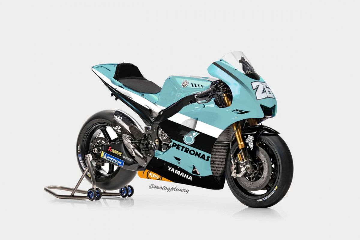 Terkaan digital Yamaha M1 dengan logo sponsor Petronas dan nomor 26 milik Dani Pedrosa.