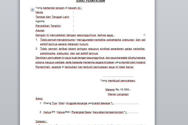 surat keterangan bebas narkoba