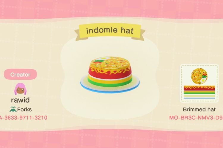 Aksesori bernama Indomie Hat yang mejeng di game Animal Crossing bikinan Rachel Widiono.