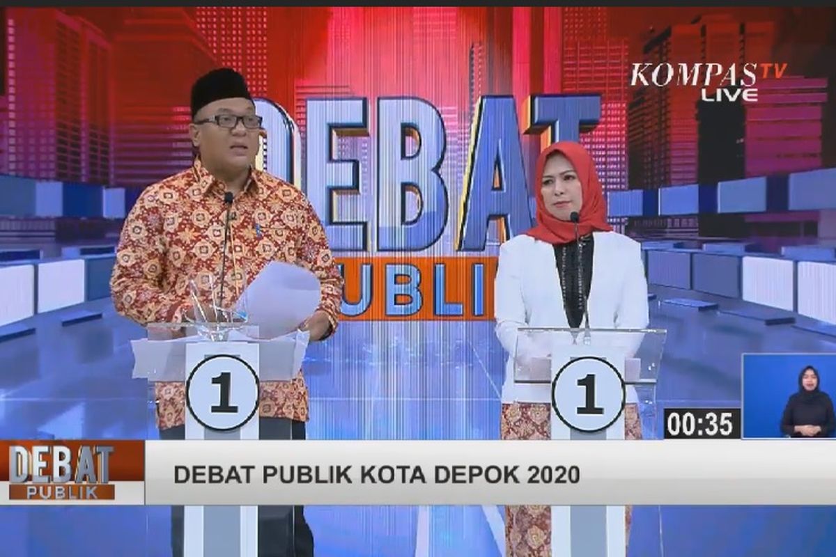 Pasangan calon wali kota dan calon wakil wali kota Depok, Pradi Supriatna dan Afifah Alia, dalam debat putaran kedua Pilkada Depok 2020.