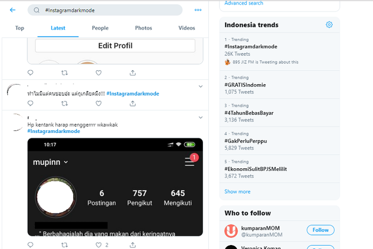 Mode gelap Instagram trending di Twitter