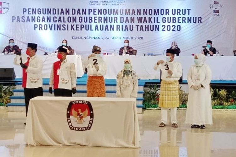 Komisi Pemilihan Umum (KPU) Provinsi Keulauan Riau (Kepri) menggelar rapat pleno terbuka pengundian nomor urut pasangan calon (Paslon) Gubernur dan Wakil Gubernur Kepri yang akan berlaga pada Pilkada Kepri, 9 Desember 2020 mendatang.