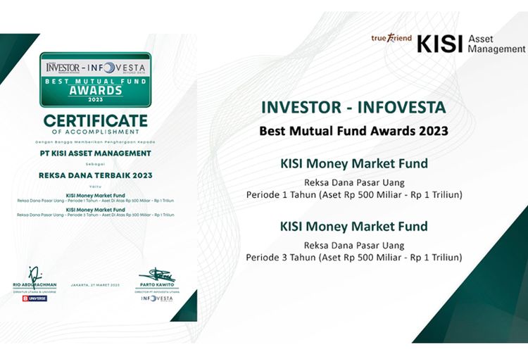 PT KISI Asset Management (AM) berhasil meraih penghargaan dari perusahaan teknologi Infovesta dengan kategori Best Mutual Fund Award.