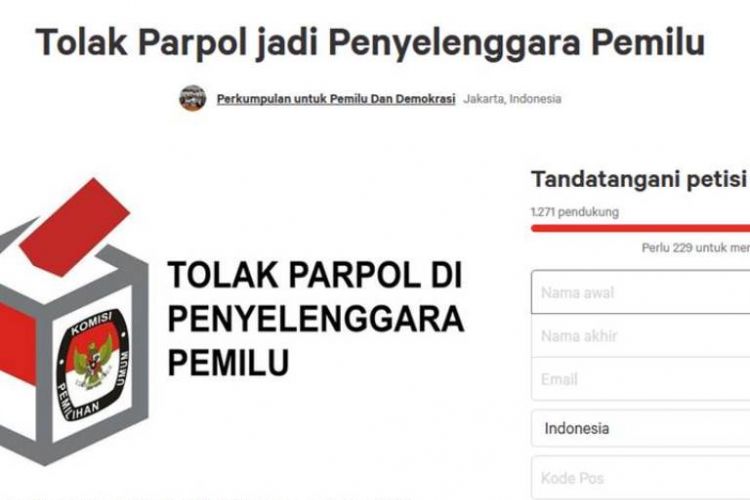 Petisi menolak perwakilan partai politik masuk menjadi anggota Komisi Pemilihan Umum yang masuk dalam laman Change.org.