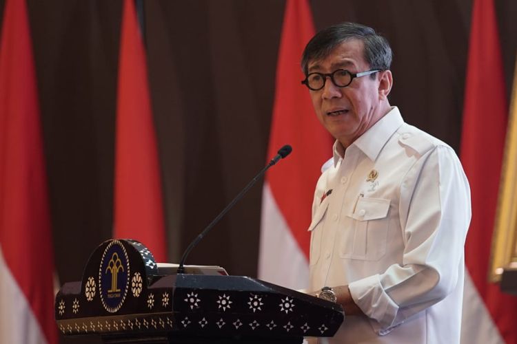 Menteri Hukum dan HAM Yasonna Laoly dalam acara Rapat Koordinasi Pengendalian Capaian Kinerja Kemenkumham yang diikuti jajaran Kemenkumham, Senin (29/6/2020).