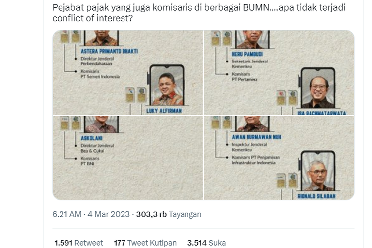 Tangkap layar unggahan warganet tentang pejabat pemerintahan yang rangkap jabatan di BUMN.