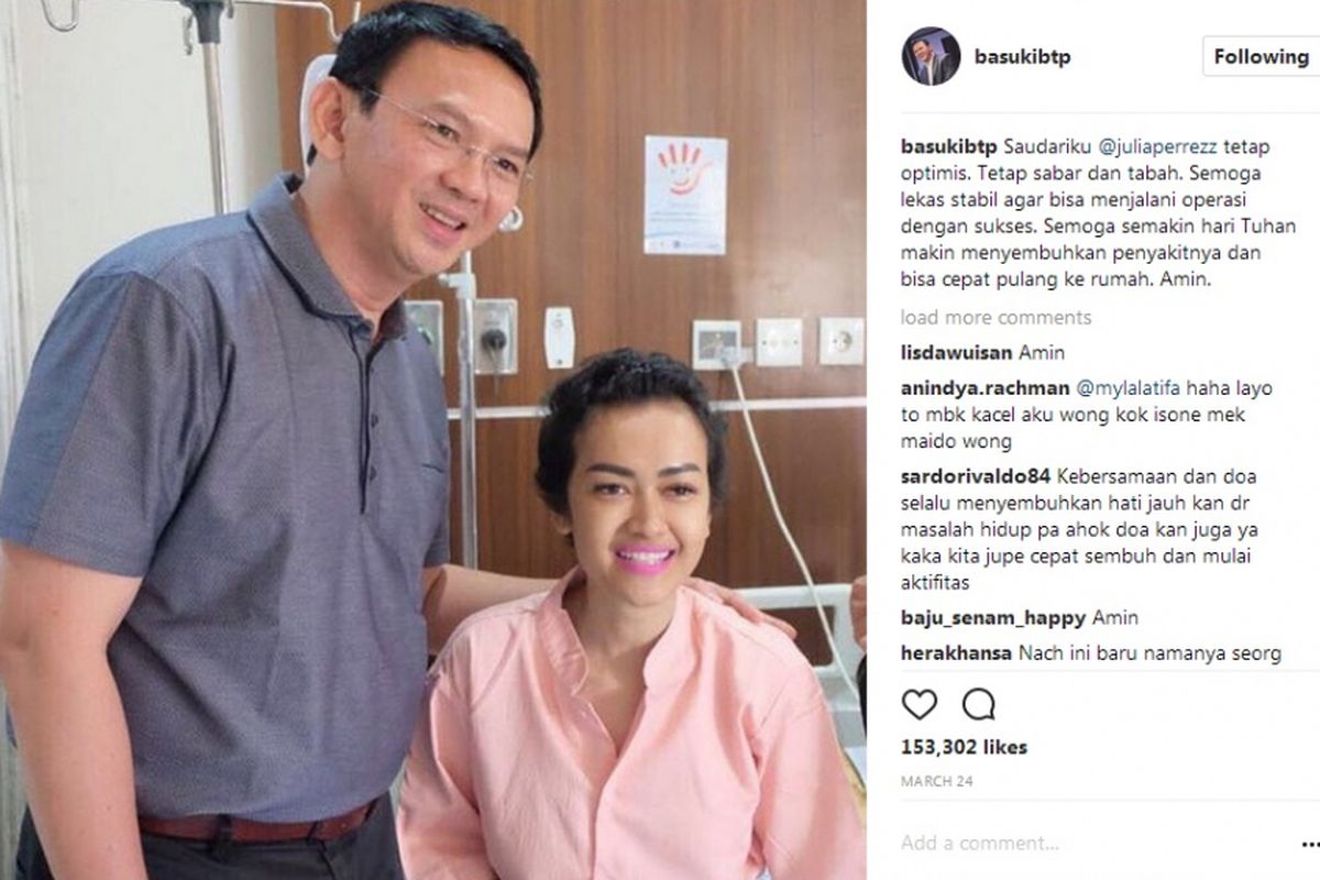 Melaui akun Instagram @basukibtp, Basuki Tjahaja Purnama alias Ahok mengunggah foto saat menjenguk artis Julia Perez di RSCM, Jakarta, Jumat (24/3/2017).