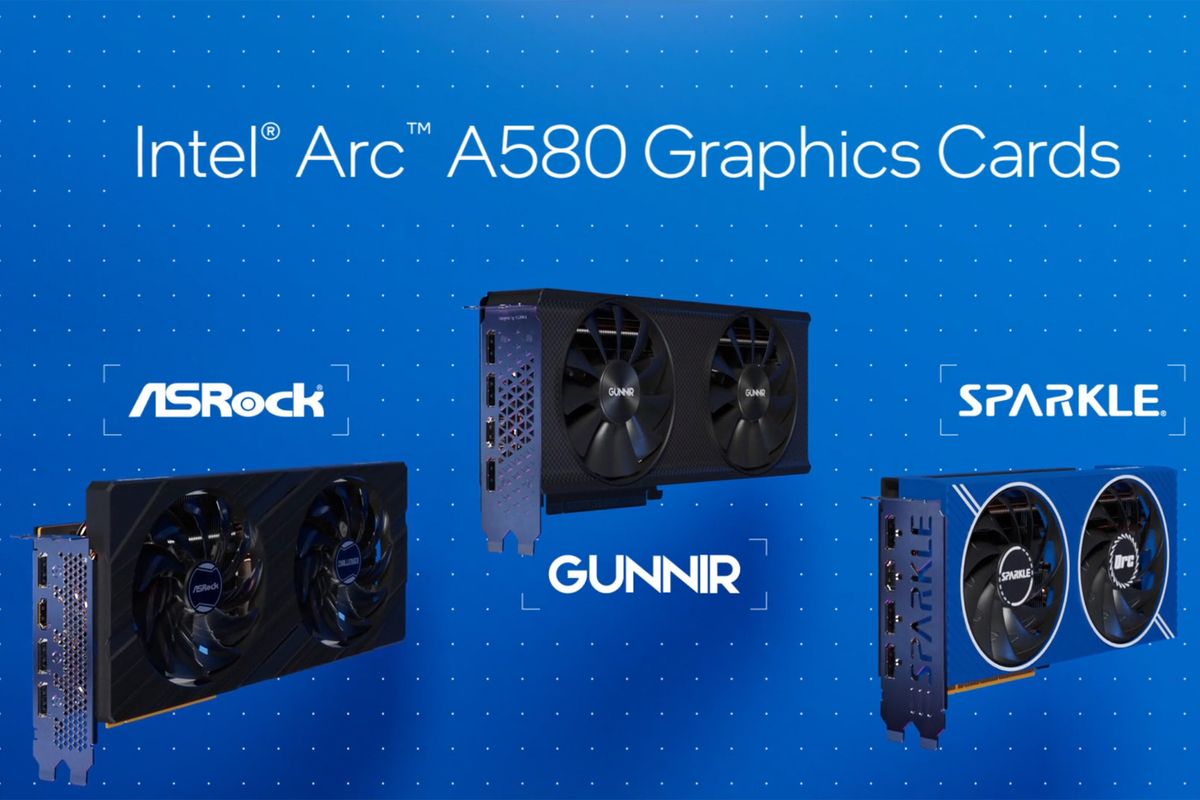 Tiga kartu grafis berbasis GPU Intel Arc A580 dari Asrock, Gunnir, dan Sparkle