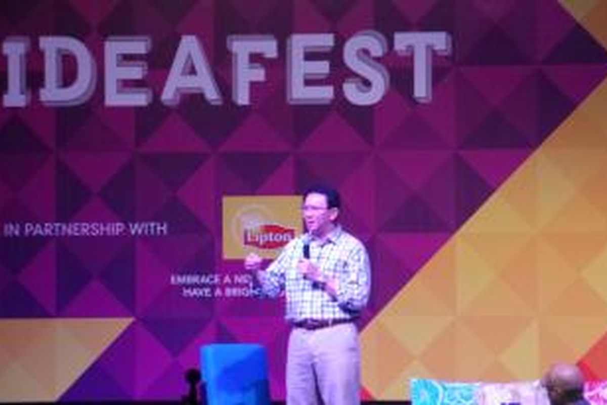 Wakil Gubernur DKI Jakarta Basuki Tjahaja Purnama berbicara dalam acara Ideafest di JCC Senayan, Jakarta, Sabtu (28/9/2013).