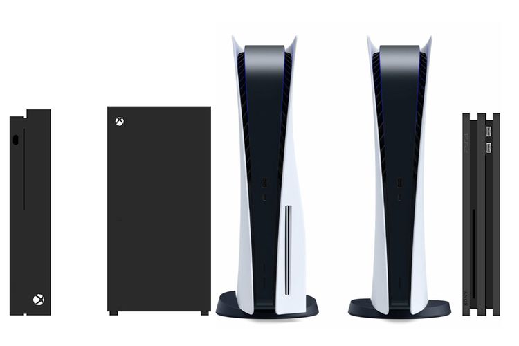 Gambar rekaan dari EvilBoris HDR berisi perbandingan ukuran PlayStation 5 dengan konsol lain. Dari kiri ke kanan: Xbox One X, XBox Series X, PS5, PS5 Digital Edition, dan PS4.