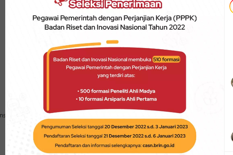 Badan Riset dan Inovasi Nasional (BRIN) membuka lowongan jalur PPPK di tahun 2022 bagi S1-S3.