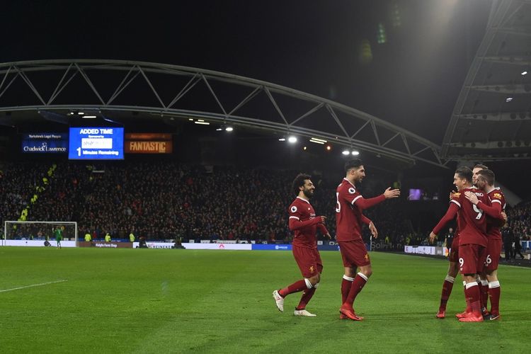 Selebrasi para pemain Liverpool saat merayakan gol yang dicetak Roberto Firmino ke gawang Huddersfield Town dalam laga Liga Inggris 2017-2018 di Stadion John Smiths pada Selasa (30/1/2018).