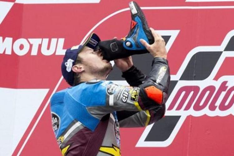 Jack Miller merayakan kemenangan pertamanya di kelas MotoGP setelah menang di sirkuit Assen, Belanda