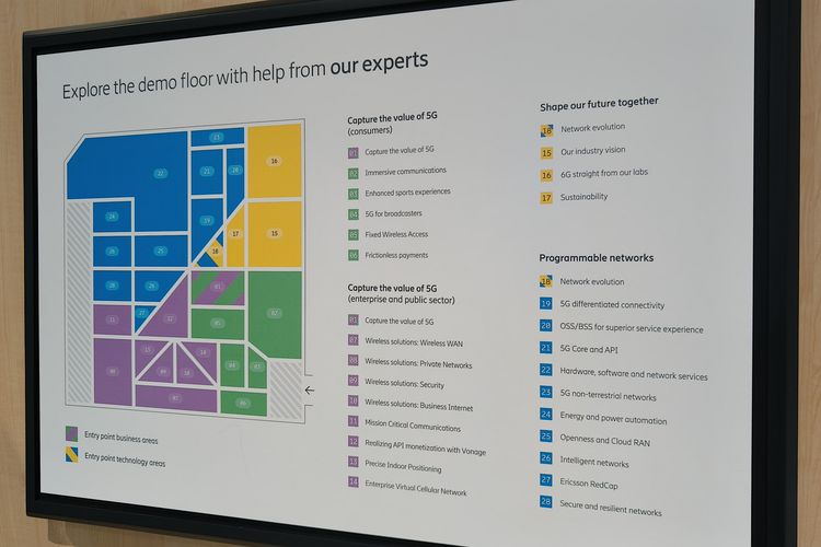 Ilustrasi peta area booth Ericsson di MWC Barcelona 2024.