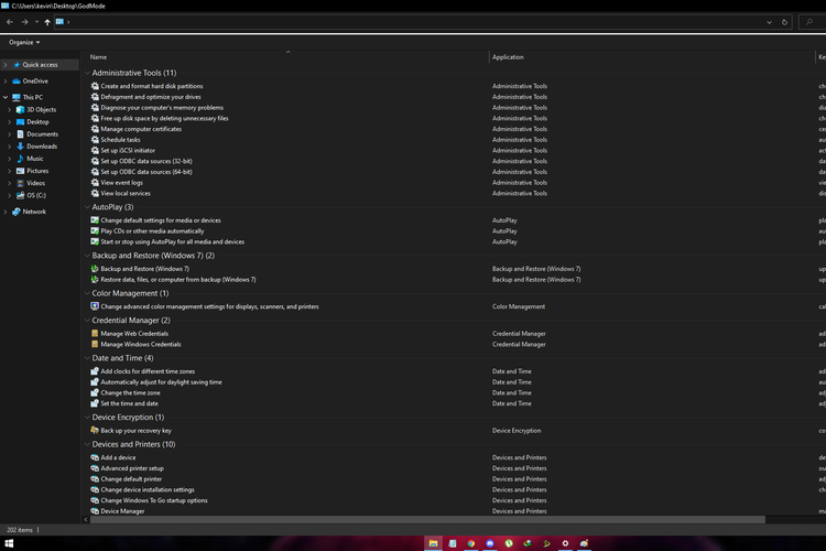 Tampilan semua menu pengaturan yang tersedia di fitur God Mode pada Windows 10.