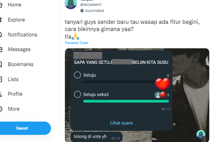 Tangkapan layar twit soal fitur polling WhatsApp