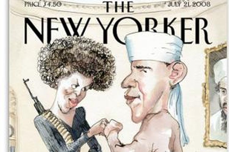 Dalam kartun di majalah The New Yorker yang terbit pada 2008 ini, Michelle Obama digambarkan sebagai seorang teroris yang berkongsi dengan Barack Obama yang digambarkan sebagai seorang militan.