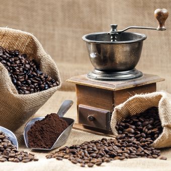 Ilustrasi alat penggiling biji kopi atau grinder kopi. 