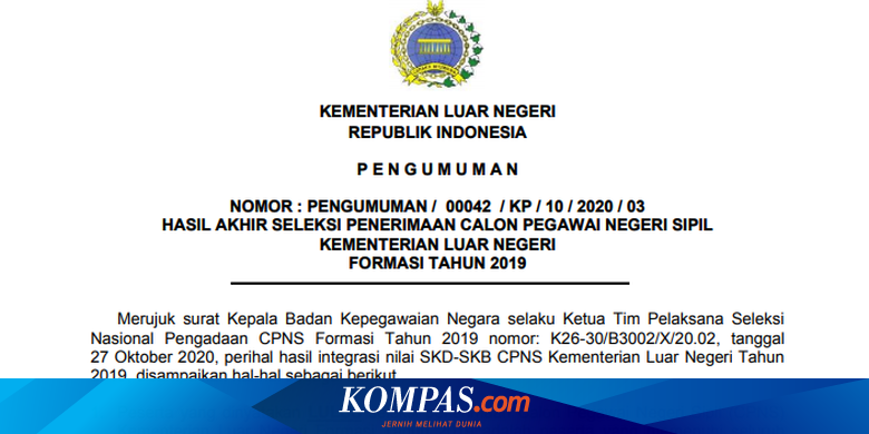 Hasil Seleksi CPNS 2019 Kemenlu Diumumkan, Ini Informasinya...