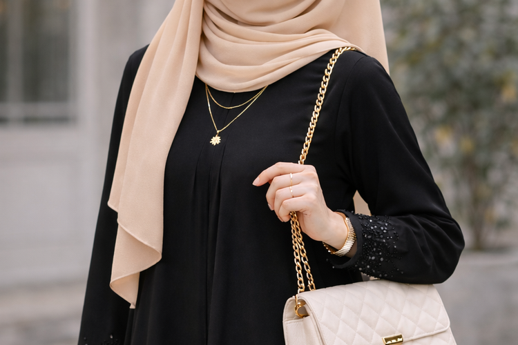 Tren Ramadhan 2026: Padu Padan Gamis Hitam dengan Warna Hijab, Krem Latte Chic dan Lembut.