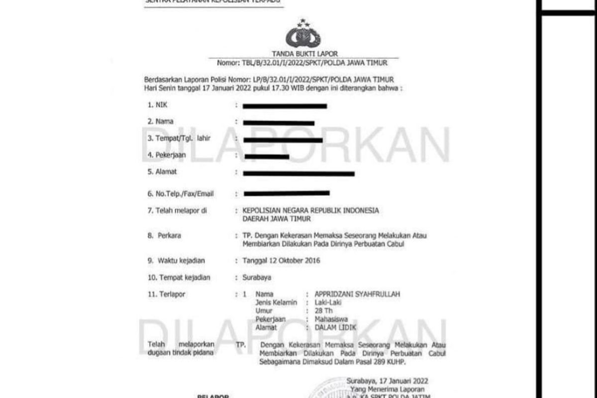 Postingan laporan polisi kasus pelecehan seksual diduga oleh mantan anggota LAMRI Surabaya.