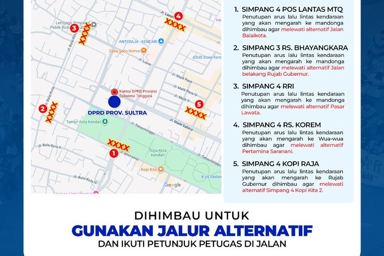 5 jalan ditutup di sekitar Kantor DPRD Sultra dan jalur alternatifnya.