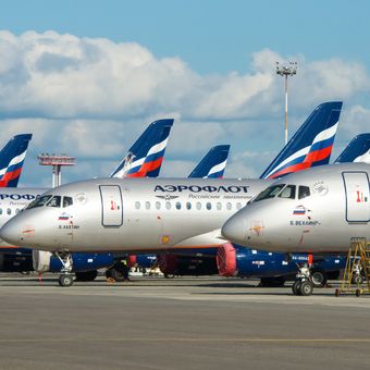 Ilustrasi jajaran armada pesawat milik maskapai penerbangan Aeroflot asal Rusia.