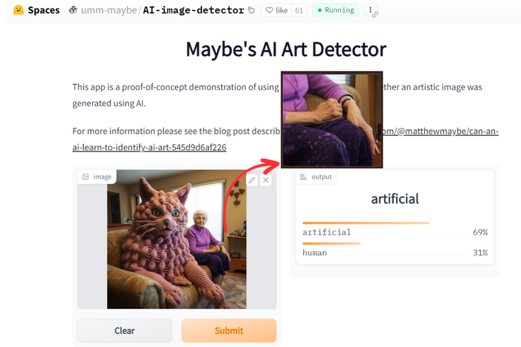 Tangkapan layar pendeteksi gambar yang direkayasa AI, Hugging Face soal foto nenek berusia 80 tahun yang berpose dengan boneka rajut berbentuk kucing raksasa.