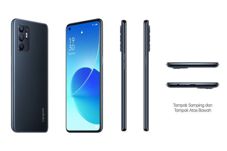 Ilustrasi Oppo Reno6 dari segala sisi varian warna hitam.