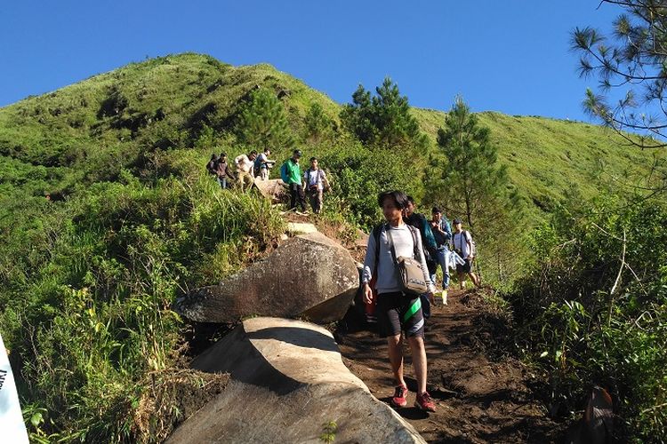 Ilustrasi pendaki gunung di jalur pendakian.