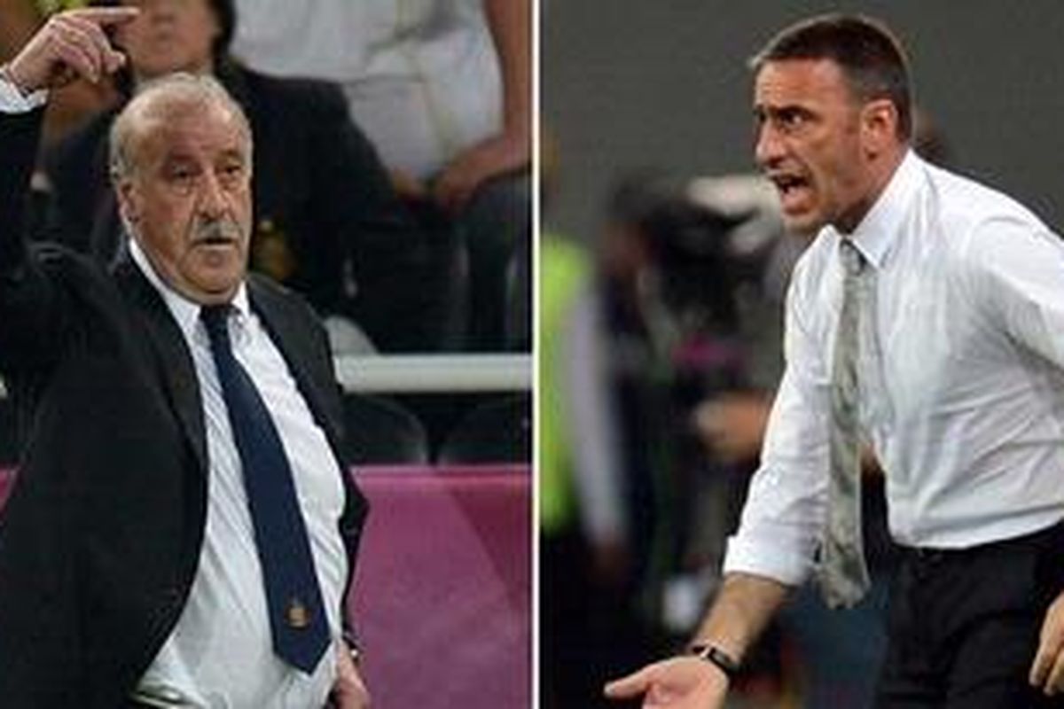 Pelatih Spanyol, Vicente del Bosque (kiri), dan pelatih Portugal, Paulo Bento (kanan).