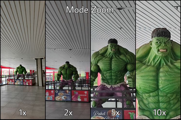 Meski tak dibekali kamera telefoto, Xiaomi tetap menyertakan opsi zoom digital hingga 10x. Zoom hingga perbesaran 5x terbilang masih menghasilkan foto yang baik. Hasil foto akan terlihat buram saat dijepret dengan zoom 10x.