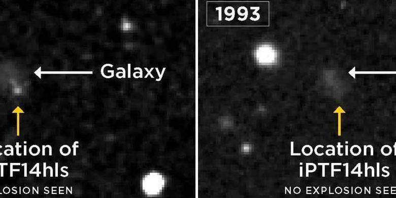 Gambar ini diambil oleh Observatorium Palomar Observatory, memperlihatkan ledakan supernova di tahun 1954 di lokasi iPTF14hls (kiri), tidak terlihat pada gambar berikutnya yang diambil pada tahun 1993 (kanan). Supernova diketahui meledak hanya sekali, bersinar selama beberapa bulan dan kemudian memudar, namun iPTF14hls mengalami setidaknya dua ledakan yang terpisah 60 tahun.