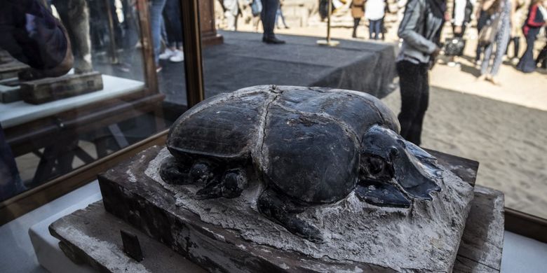 The statue of a scarab is displayed after the announcement of a new discovery carried out by an Egyptian archaeological team in Gizas Saqqara necropolis, south of the capital Cairo, on November 23, 2019. - Egypt today unveiled a cache of 75 wooden and bronze statues and five lion cub mummies decorated with hieroglyphics at the Saqqara necropolis near the Giza pyramids in Cairo.
Mummified cats, cobras, crocodiles and scarabs were also unearthed among the well-preserved mummies and other objects discovered recently. (Photo by Khaled DESOUKI / AFP)