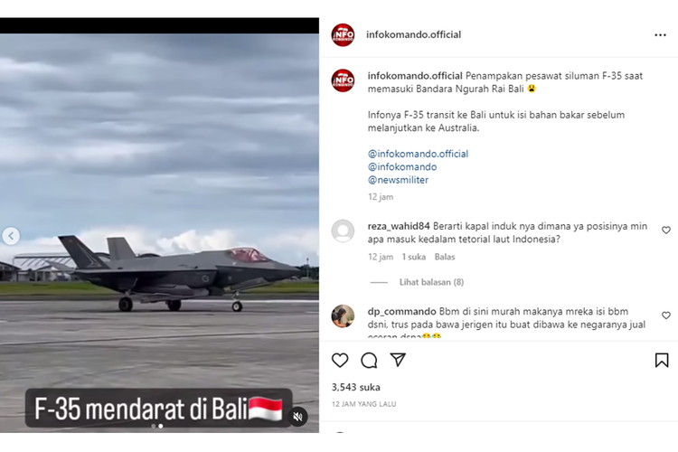 Tangkapan layar unggahan video viral bernarasi pesawat siluman F-35 Australia mendarat di Bandara I Gusti Ngurah Rai, Bali.