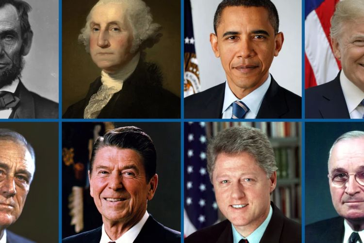 Beberapa mantan Presiden AS, dari kiri ke kanan (Atas): Abraham Lincoln, George Washington, Barack Obama, dan Donald Trump. Bawah: Franklin Roosevelt, Ronald Reagan, Bill Clinton, dan Harry Truman.