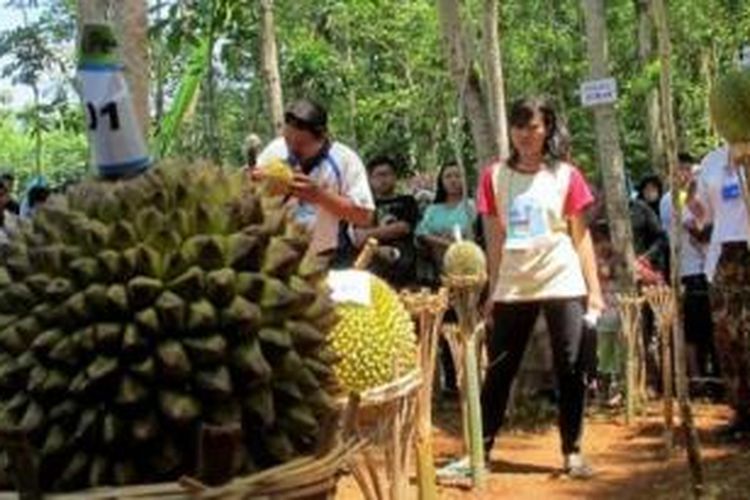 Sejumlah durian yang dilelang di Festival Durian 2015, di Patuk, Gunungkidul, Minggu (22/2/2015). 
