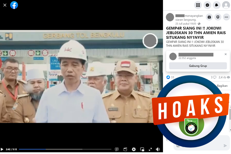 Tangkapan layar unggahan dengan narasi hoaks di sebuah akun Facebook, Minggu (23/7/2023), yang mengeklaim Jokowi menjebloskan Amien Rais ke penjara selama 30 tahun.