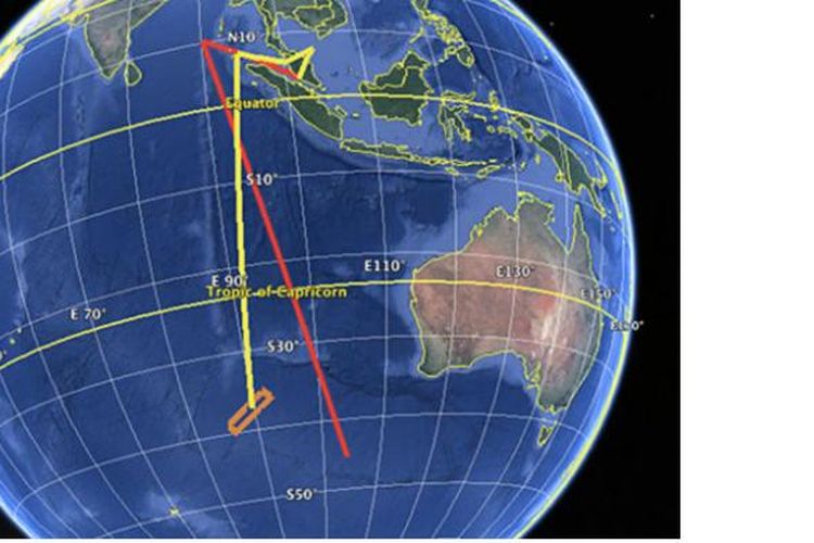 Rute flight simulator (merah) yang ditemukan di hard disk milik kapten MH370, dibandingkan dengan rute MH370 (kuning) berdasar data ping satelit Inmarsat.