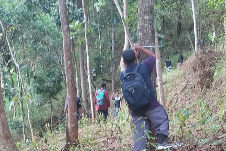 Para petugas sedang melakukan pengukuran dan Perhitungan Tanam Tumbuh di lahan milik warga Desa wadas Kecamatan Bener Kabupaten Purworejo 