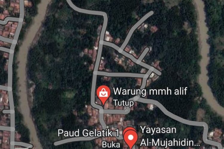 Tangkapan layar Google Maps Kampung Mujiah, yang dikelilingi Sungai Cibeet.
