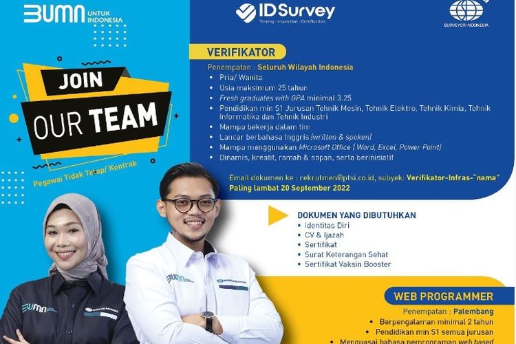 PT Surveyor Indonesia membuka lowongan kerja bagi lulusan S1 dengan posisi Verifikator dan Web Programmer.