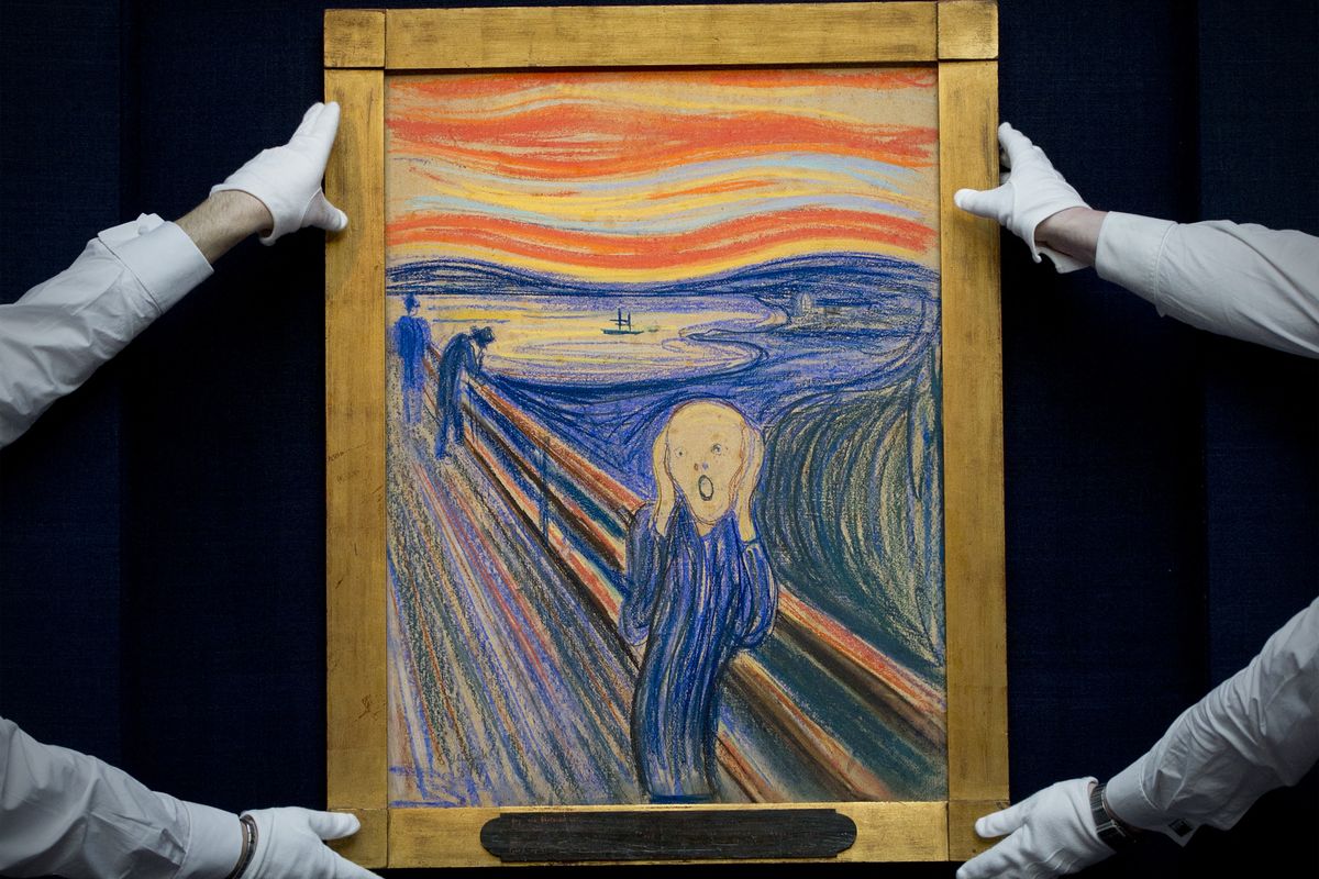 The Scream versi pastel karya Edvard Munch tahun 1895 saat ditunjukkan di Sotheby's London12 April 2012.  AFP PHOTO / CARL COURT