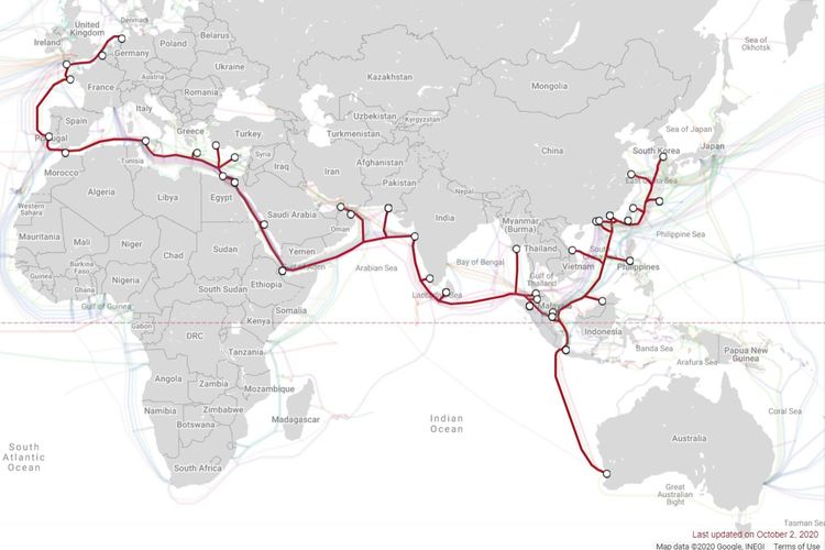 Ilustrasi kabel bawah laut SeaMeWe-3 yang menghubungkan Indonesia dengan beberapa negara di Asia. Sekitar 90 persen internet di Indonesia mengandalkan kabel bawah laut ini.