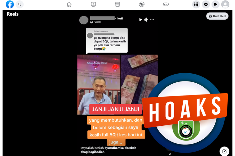 Tangkapan layar unggahan dengan narasi hoaks di sebuah akun Facebook, Sabtu (3/6/2023), soal akun Facebook Jusuf Hamka menawarkan hadiah uang.