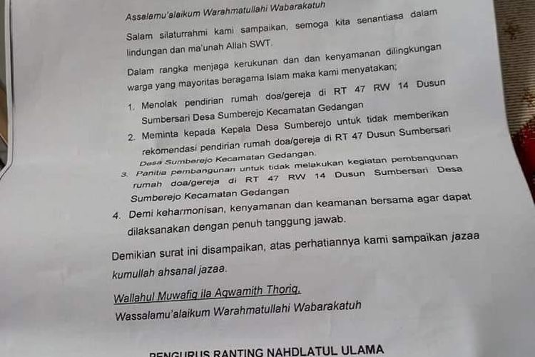 Surat penolakan Pengurus Ranting NU Desa Sumberejo atas pendirian  rumah doa/gereja di RT 47/RW 14 Dusun Sumbersari, Desa Sumberejo, Kecamatan Gedangan, Kabupaten Malang.